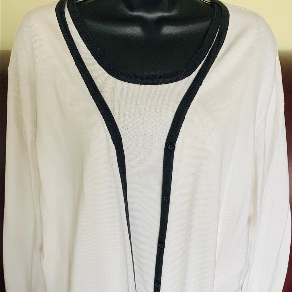 Vintage Liz Claiborne cotton Knit Top & Cardigan Set Cream white & black trim L
